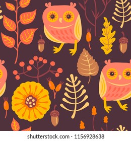 Autumnal forest decorative pattern with owls