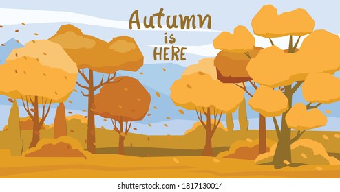 Autumnal forest with fallen orange leaves carried by the wind. Vector