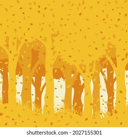 Autumnal forest with falling leaves. Paper art style. Vector illustration