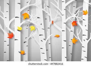 Autumnal Forest With Falling Maple Leaves. Paper Art Style.