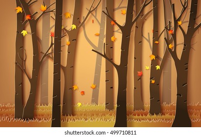 Autumnal Forest With Falling Maple Leaves. Paper Art Style.