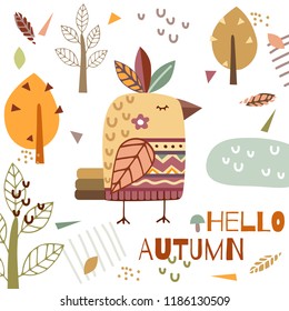 Autumnal forest poster with funny native bird