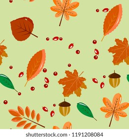 Autumnal, forest seamless pattern. Leaves, berries, acorns, cobwebs