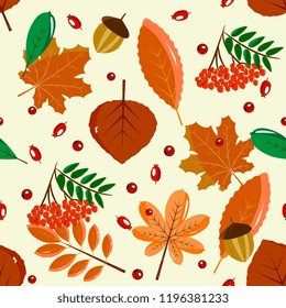 Autumnal, forest seamless pattern. Leaves, berries, acorns, cobwebs