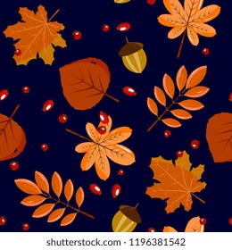 Autumnal, forest seamless pattern. Leaves, berries, acorns, cobwebs
