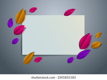 Autumnal frame with copy space for text design template, flyer, poster, card, banner, advertising layout, autumn leaves and geometric shape vector modern style paper cut 3d illustration.