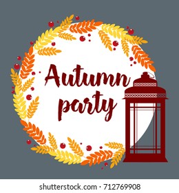 Autumnal frame of fallen leaves in the form of a circle with a candlestick with text "autumn party" for advertising