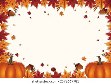 Autumnal Frame, Vibrant autumn foliage forms a stunning heart-shaped border around two plump pumpkins. Scattered acorns, maple leaves, and berries add to the festive mood.