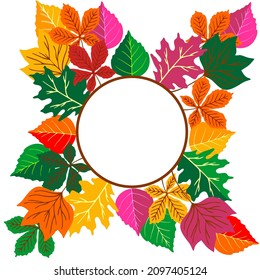 Autumnal frame. Wreath of autumn leaves. Background with hand drawn autumn leaves. Fall of the leaves. Sketch, design elements. Vector illustration.