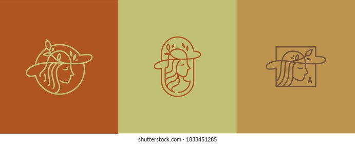 Autumnal, gentle, natural logos with the image of a girl in a hat. Vector illustration for female business. Linear illustration, girl's face in profile. Logo for a beauty salon or cosmetics store.