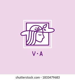 Autumnal, gentle, natural logos with the image of a girl in a hat. Vector illustration for female business. Linear illustration, girl's face in profile. Logo for a beauty salon or cosmetics store.