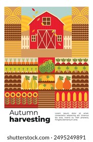 Autumnal geometric background with farm, fields and agriculture crops. Harvesting abstract backdrop with vegetables and fruits on the beds. Poster, cover