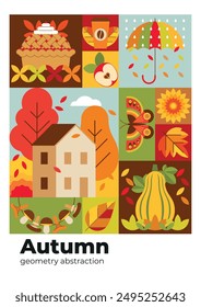 Autumnal geometric background with landscape, falling leaves, butterfly, umbrella, pumpkin. Autumn abstract poster with house, harvest and nature elements. Flyer, invitation, banner.