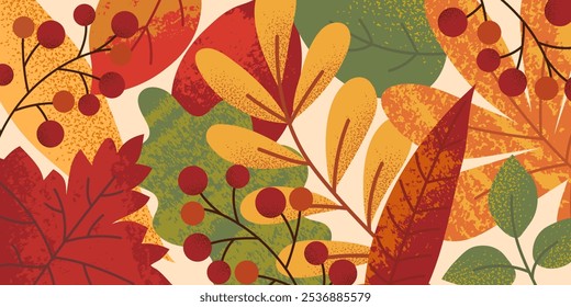 Autumnal grunge background. Fall concept. Textured colorful leaves and berries. Flat vector illustration. For wallpaper, backdrop, cover, label, poster.