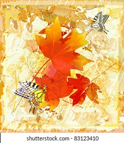 autumnal  grunge background with  red maple leaves and butterflies