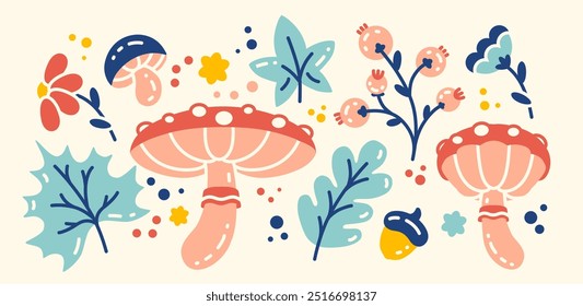 Autumnal hand-drawn mushrooms, berries, brunches, flowers and fall leaves. Whimsical colorful style. Vector floral set of isolated elements.