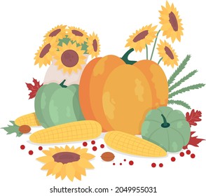 Autumnal harvest semi flat color vector objects. Ripe pumpkins and apples. Decorative items on white. Fall crop isolated modern cartoon style illustration for graphic design and animation