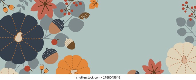 Autumnal horizontal rectangle banner element with pumpkin, acorn, berry, and leaves.