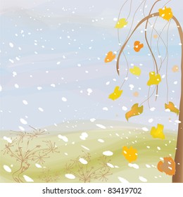Autumnal landscape with cloudy sky, tree, leafs,snowfall and dry flowers