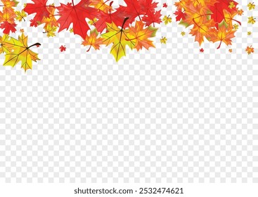 Autumnal Leaf Background Transparent Vector. Plant Abstract Card. Yellow Beautiful Leaves. Flying Floral Frame.