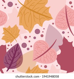 Autumnal leaf seamless vector repeat pattern background texture with soft pastel pink, purple, orange, yellow autumn leaves