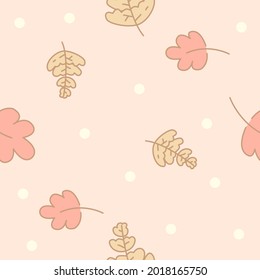 Autumnal leaves. Minimal, hand drawn seamless pattern. Cute leaves and dots on pink background.