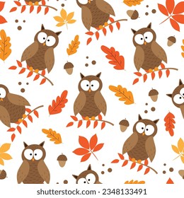 Autumnal leaves and owl bird seamless pattern. Good for textile print, wallpaper, wrapping paper, label, cover, and other gifts design.