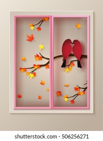 Autumnal, love Bird perched on a branch of maple tree outside the window,paper art style.