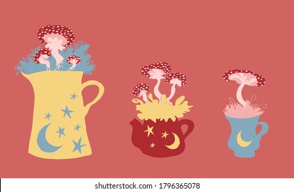 Autumnal magic mushrooms in jug, kettle and cup in cozy colors vector illustration set