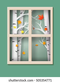 Autumnal, maple leaves are falling from the trees outside the window.paper art style.