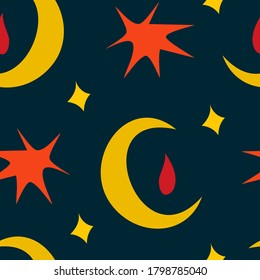 Autumnal minimalistic vector seamless pattern with orange stars and yellow moons on dark deep blue background