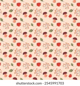 Autumnal Nature Pattern with Leaves, Mushrooms, and Berries. Seamless autumn pattern featuring hand-drawn mushrooms, leaves, and berries in warm tones, creating a cozy seasonal design.