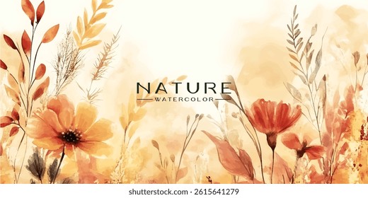 Autumnal nature scene in watercolor style. autumnal landscape filled with various flowers, grasses, and leaves in warm