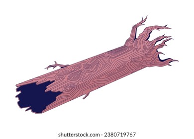 Autumnal old tree trunk 2D linear cartoon object. Cracked wood isolated line vector element white background. Dry trunk. Fall season. Fallen tree lying on ground color flat spot illustration