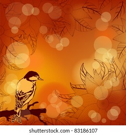 Autumnal orange background with flowers and bird