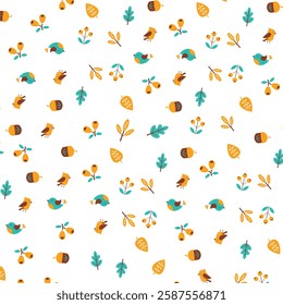 Autumnal Pattern with Birds and Leaves