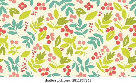 Autumnal pattern featuring red berries and green leaves scattered across a light beige elegant decorative background.