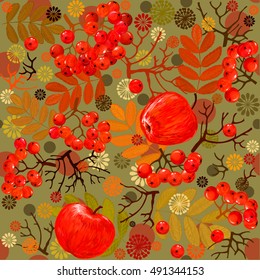Autumnal pattern from leaves and berries of mountain ash. Grapes rowan. Repeating pattern autumn theme. Texture for textiles with autumn objects. Leaves. Grapes rowan. Apples.