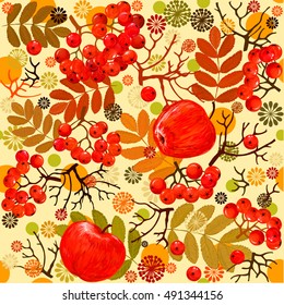 Autumnal pattern from leaves and berries of mountain ash. Grapes rowan. Repeating pattern autumn theme. Texture for textiles with autumn objects. Leaves. Grapes rowan. Apples.
