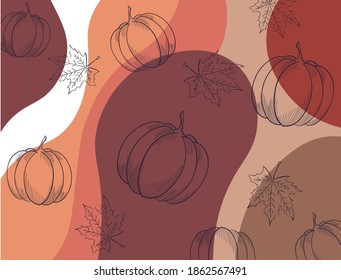 Autumnal pattern with leaves, pumpkins and abstract waves. Vector