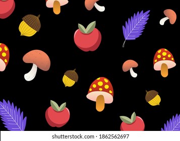 Autumnal pattern with mushrooms, apples, acorns and purple leaves. Vector