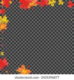 Autumnal Plant Background Transparent Vector. Foliage Abstract Illustration. Yellow Collection Leaf. Realistic Leaves Frame.