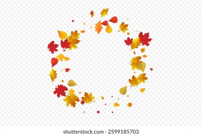 Autumnal Plant Vector Transparent Background. Down Floral Template. Red Abstract Leaves Card. October Frame.