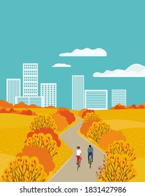 Autumnal public park outdoor activity vector poster. Autumn fall city garden landscape background. Sport activities in fallen season urban park alley. Colorful cartoon retro style vintage illustration