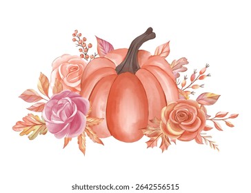 Abóbora outono com pêssego e rosas blush arranjo de aquarela