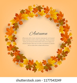 Autumnal round frame. Background with maple autumn leaves. Vector illustration