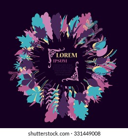 Autumnal round frame on dark background. Wreath of autumn leaves. Background with hand drawn autumn leaves. Fall of the leaves. Sketch, design elements. Vector illustration.