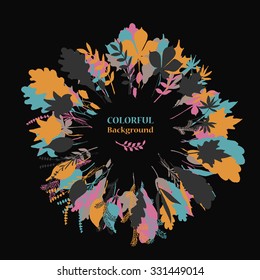 Autumnal round frame on dark background. Wreath of autumn leaves. Background with hand drawn autumn leaves. Fall of the leaves. Sketch, design elements. Vector illustration.