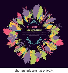 Autumnal round frame on dark background. Wreath of autumn leaves. Background with hand drawn autumn leaves. Fall of the leaves. Sketch, design elements. Vector illustration.
