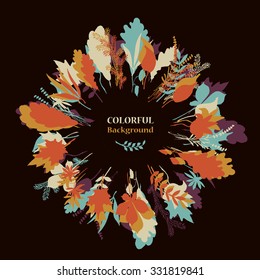 Autumnal round frame on dark background. Wreath of autumn leaves. Background with hand drawn autumn leaves. Fall of the leaves. Sketch, design elements. Vector illustration.